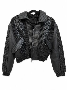 AKIRA Black Faux Leather Woven Cropped Bomber Jacket NWT